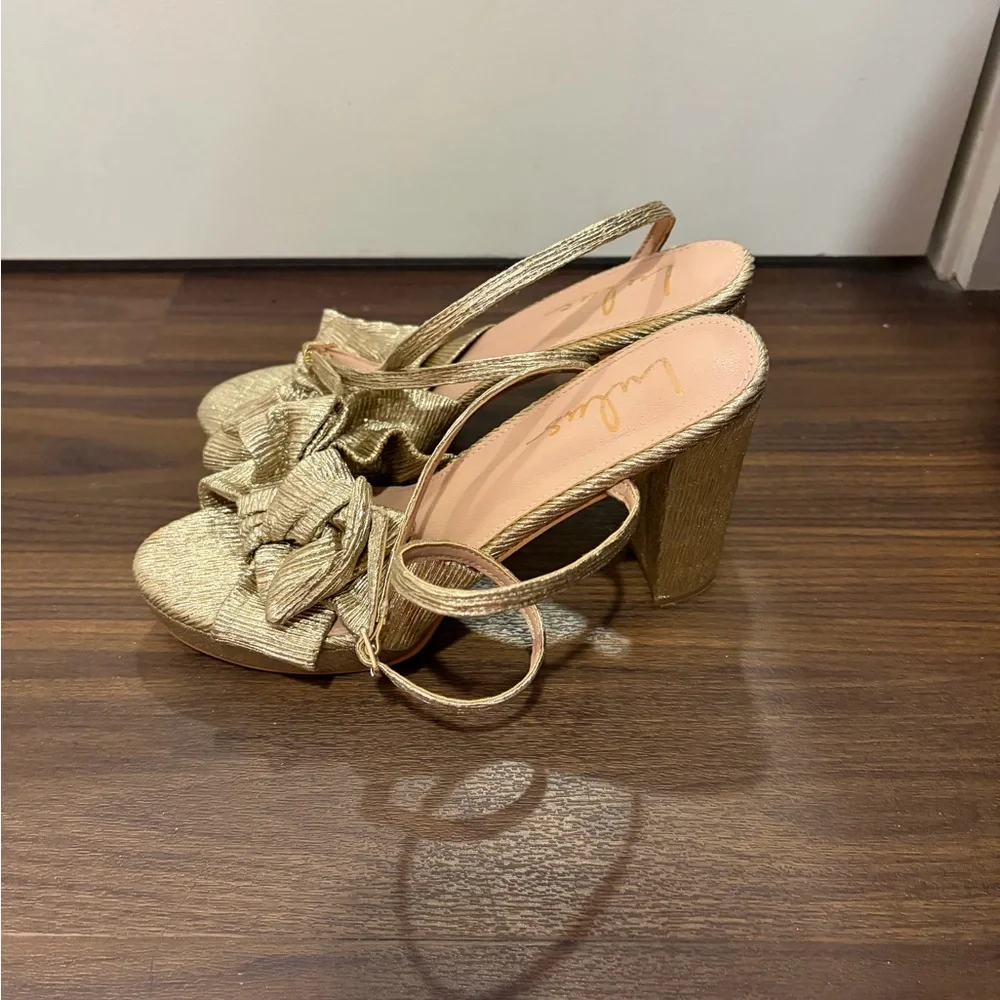 Lulus Lilsa Gold Metallic Bow Platform Ankle Strap Heels - Picture 5 of 6